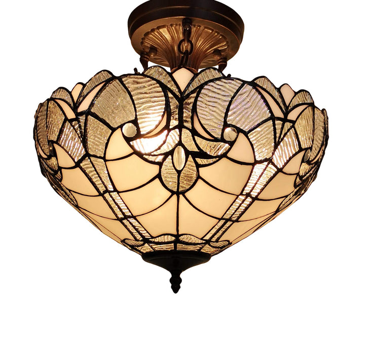 Tiffany Style Ceiling Lamp Fixture Semi Flush 16" Wide White Stained Glass