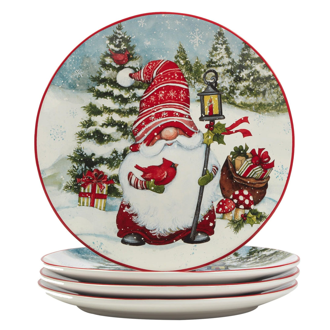 Christmas Gnomes 16 Piece Dinnerware Set Service for 4 Blue Multi Color Red