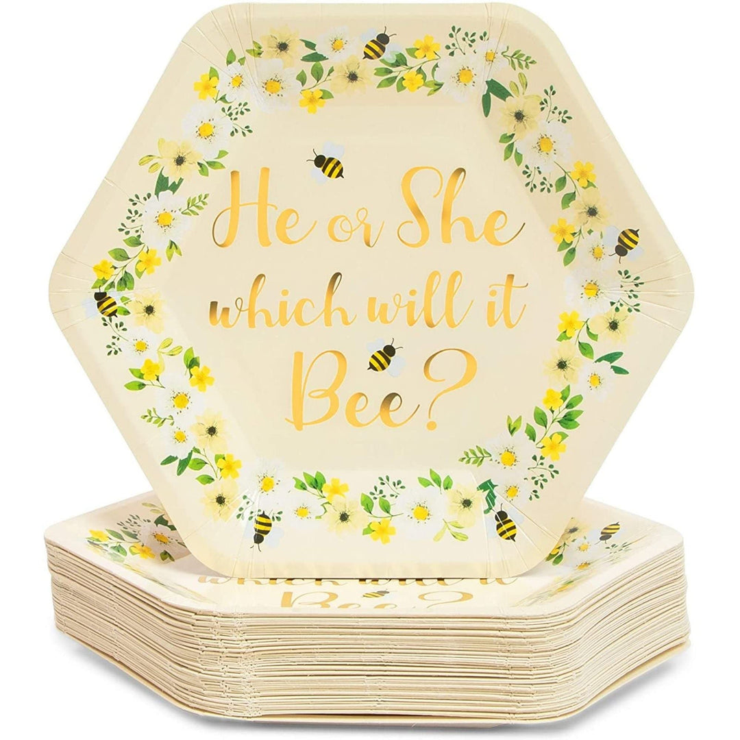 Bee Paper Plates For Gender Reveal Party (9 Inch Hexagon 48 Pack) White Floral