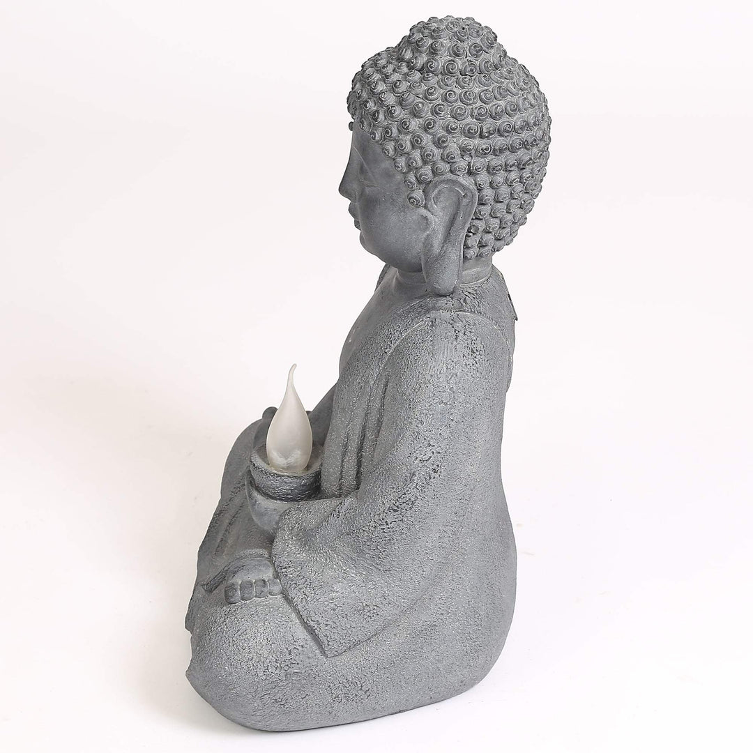 Meditating Buddha Garden Statue with Solar Light Grey Oriental Polyresin Bulbs