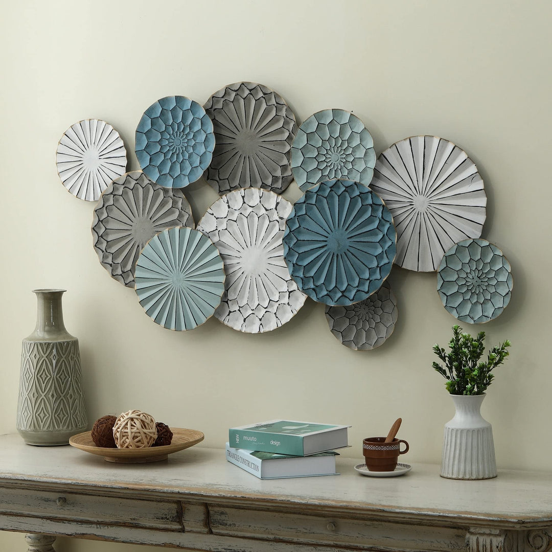 Metal Floral Pattern Round Discs Abstract Wall Art Blue Grey White Modern