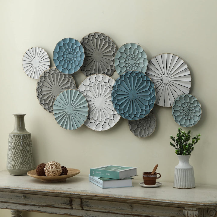 Metal Floral Pattern Round Discs Abstract Wall Art Blue Grey White Modern