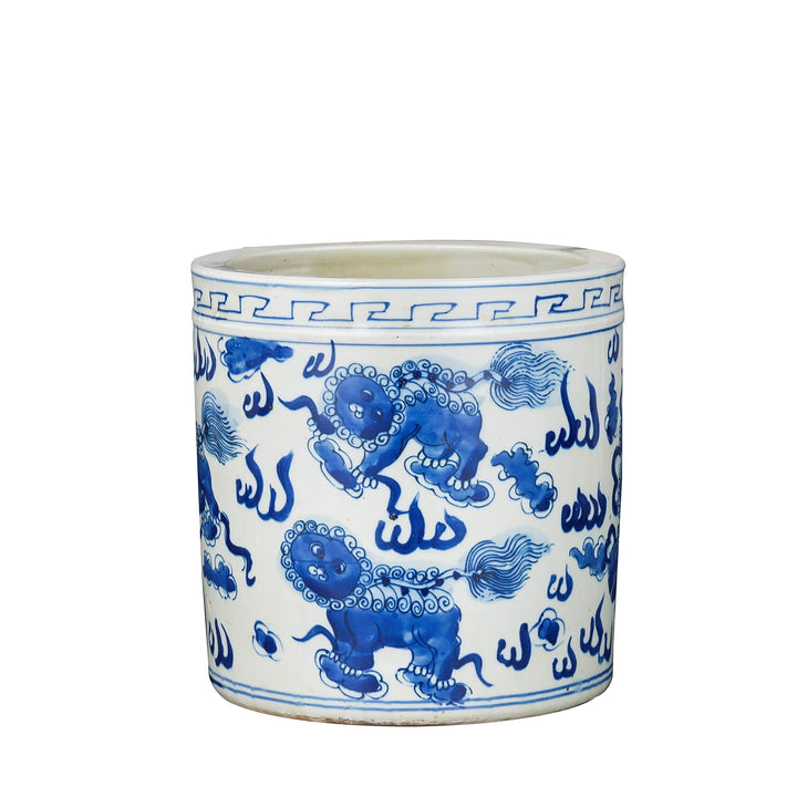 Blue and White Orchid Pot Foo Dog Motif Porcelain