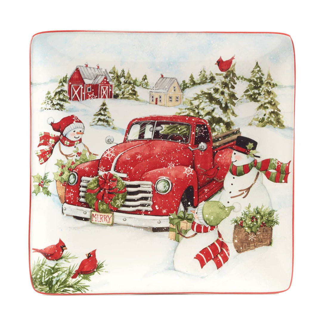 Red Truck Snowman 10.25" Dinner Plates Set Of 4 Multi Color White Holiday Casual