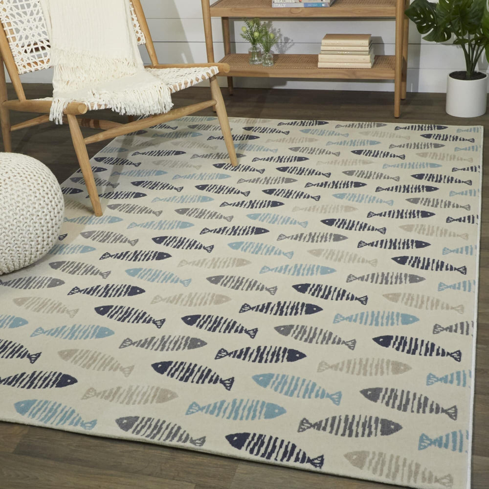 BALTA Friendly Fish Geometric Coastal Area Rug Blue 7'10" x 10' 8' x 10' Teal - Diamond Home USA