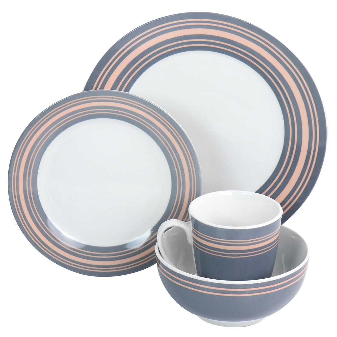 Silver Wind 16 Piece Fine Ceramic Dinnerware Set In Grey And Pink Border