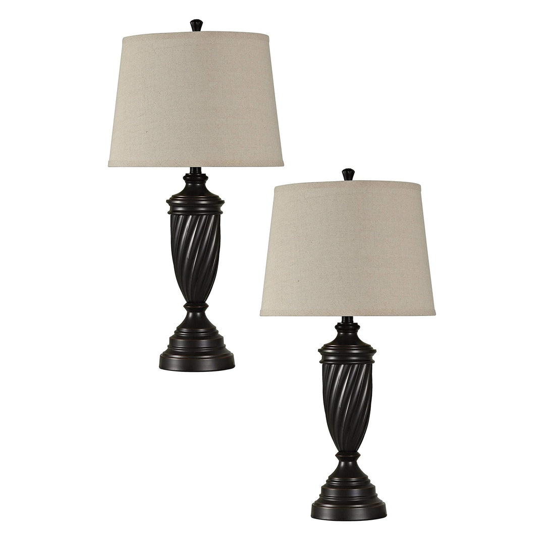 Oiled Bronze Wood Table Lamp - Cream Hardback Fabric Shade (Set of 2) Brown