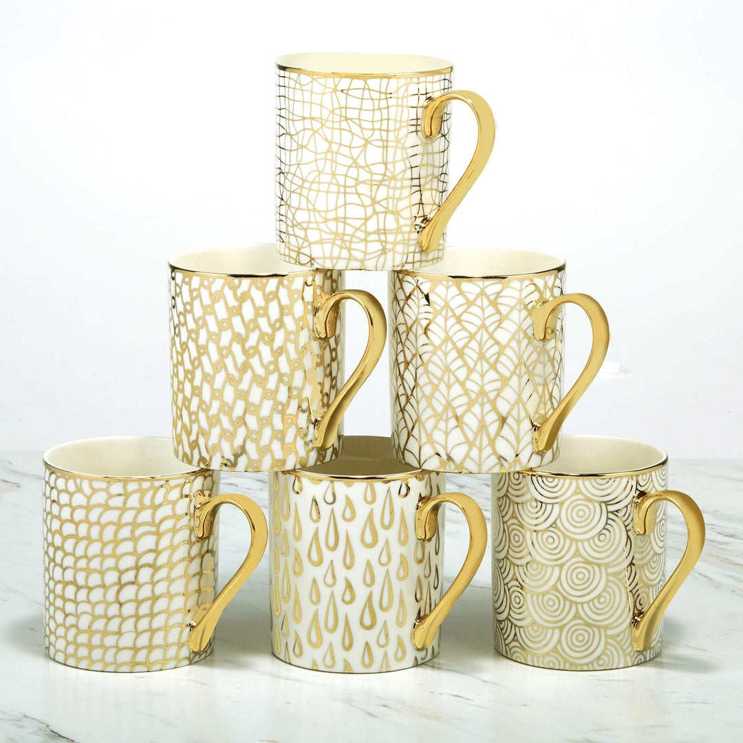 Mosaic Gold Plated Mugs Set of 6 White Geometric Modern Contemporary