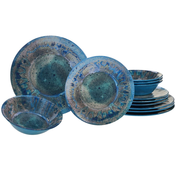 12- Dinnerware Set Blue Textured Casual Modern Contemporary Round 12