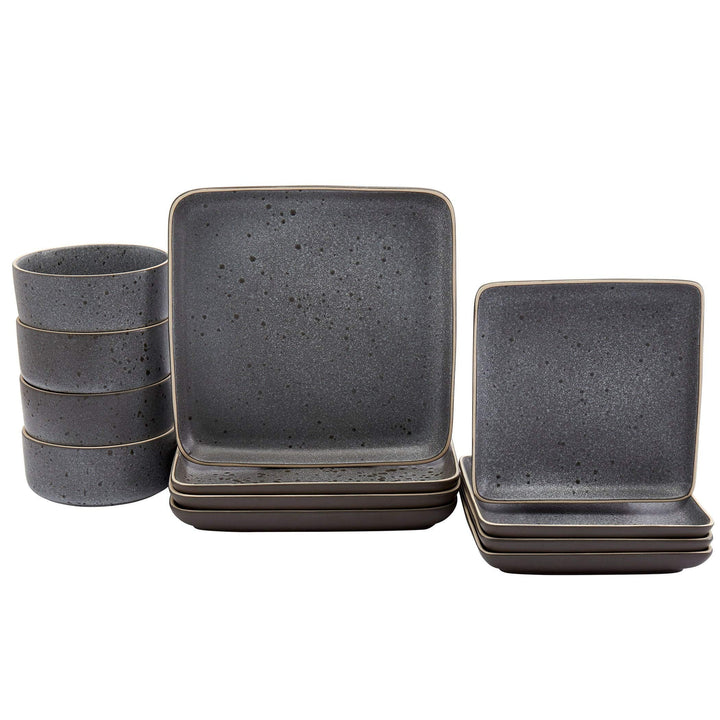 Tabletops Gallery 12pc Grey Square Dinnerware Set Solid Casual Stoneware 12