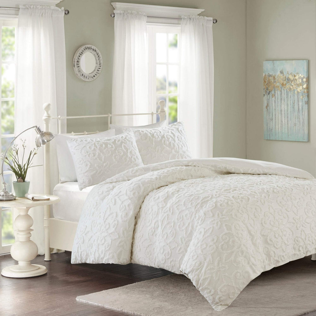 White nille Duvet Cover King/Cal King Set Tufted Bedding Floral Medallion