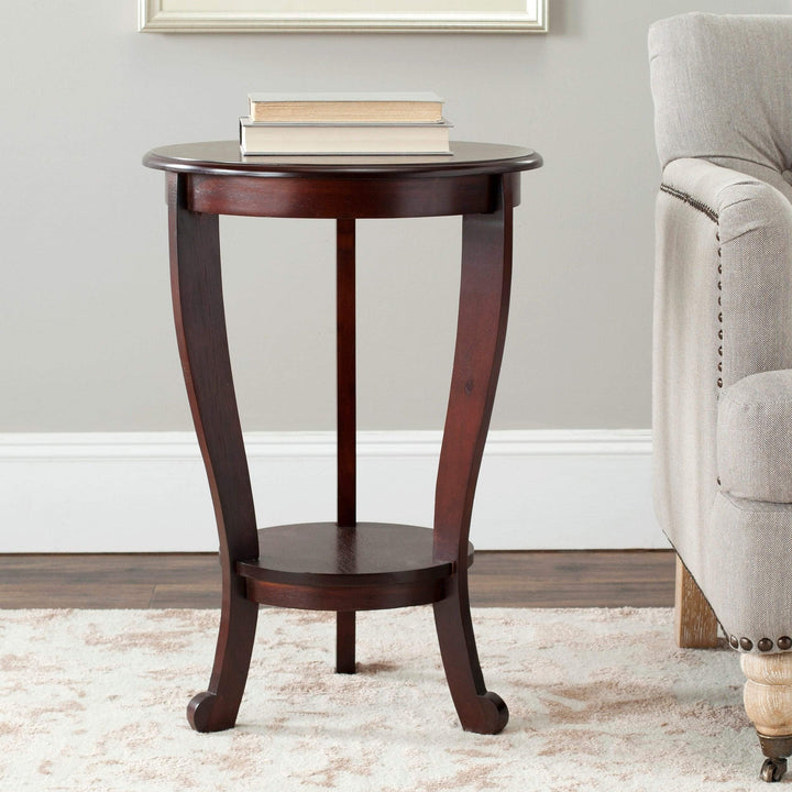 Dark Cherry Pedestal Side Table Red Traditional Transitional Round Leather