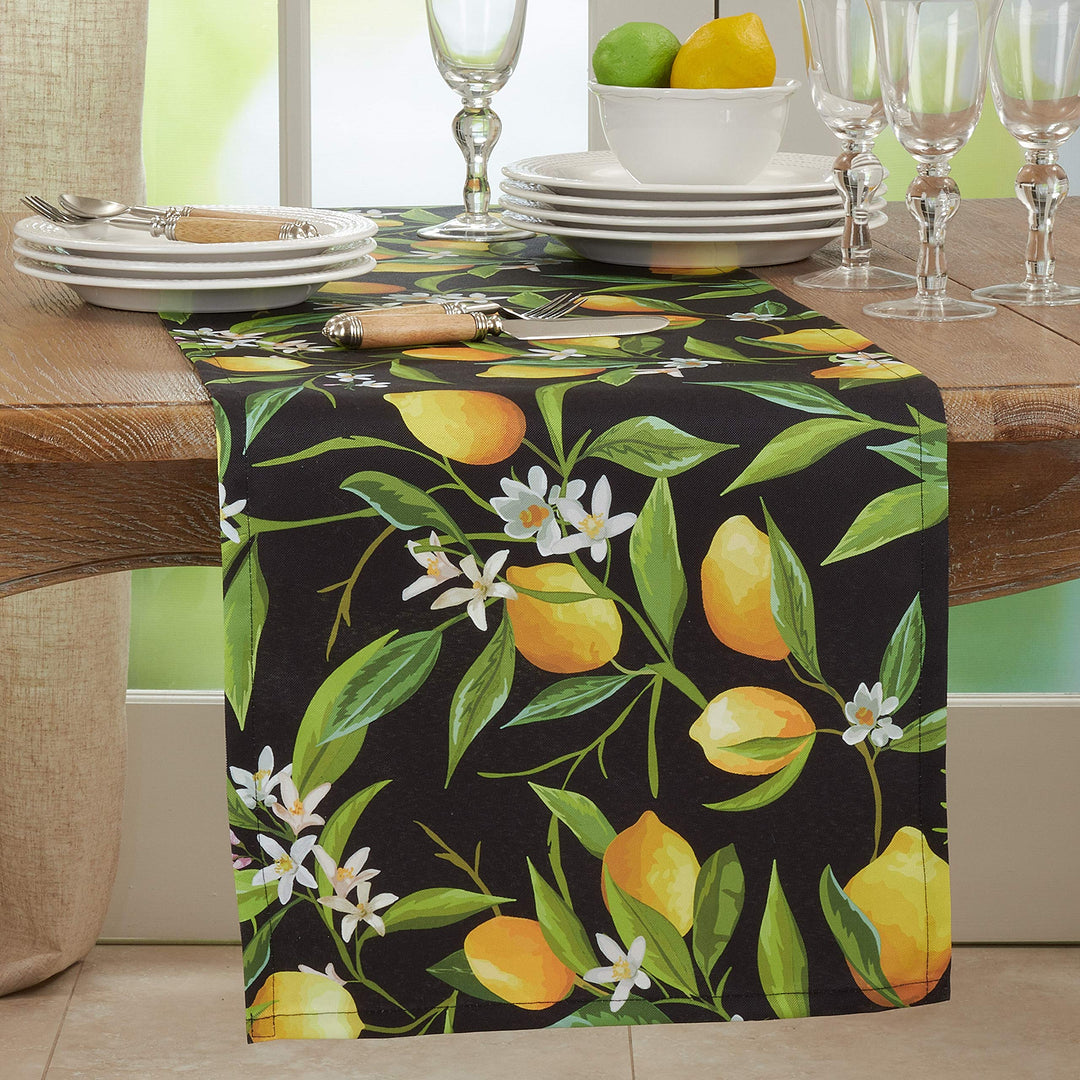 Outdoor Table Runner with Lemon Design Black Polyester