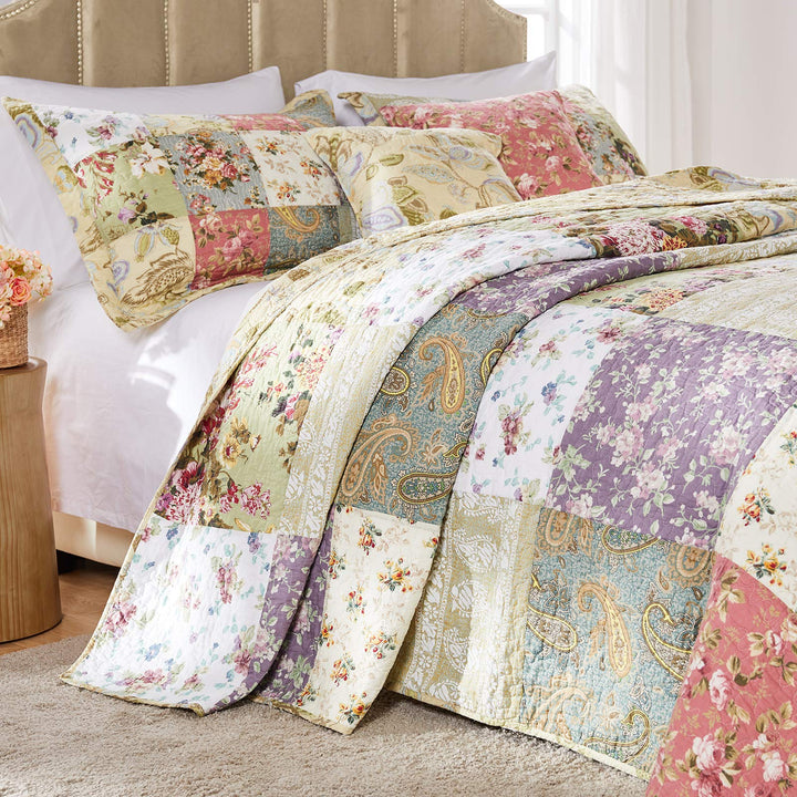 3 Piece Oversized Patchwork Bedspread Set Quilted French