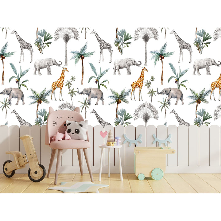 Safari Animals and Palms Removable Wallpaper 24'' Inch X 10'ft Black Grey