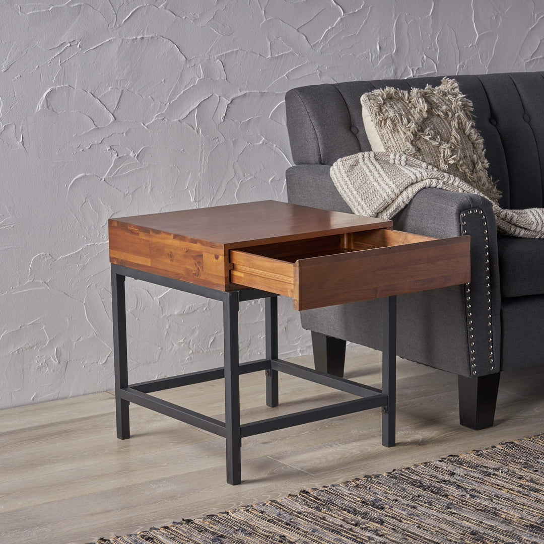 Industrial Square Acacia Wood Storage End Table by Brown Country Farmhouse