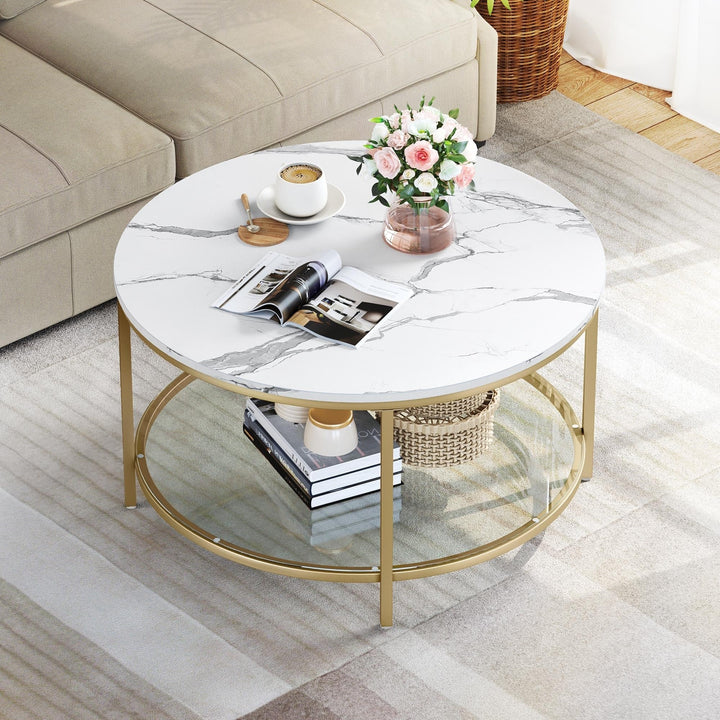 White Marble Pattern Round Coffee Table with Glass 2-Tier Circle Gold Frame White/Gold