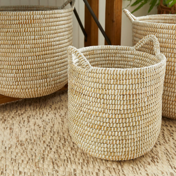 Rd Baskets W/hndles St/3 White Wicker