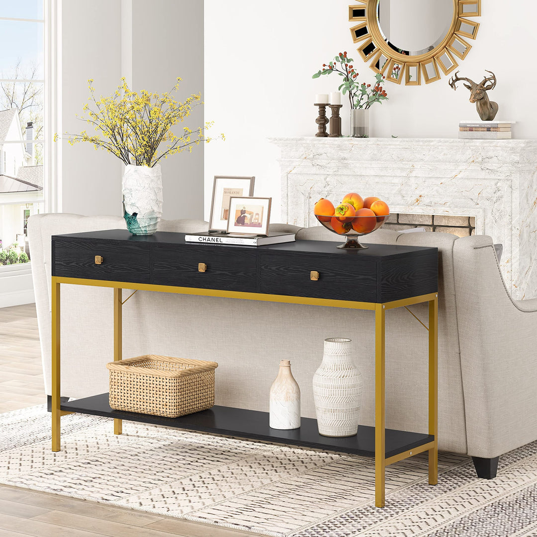 54.33'' Console Table with 3 Drawers Black Entryway Storage Shelves Glam - Diamond Home USA