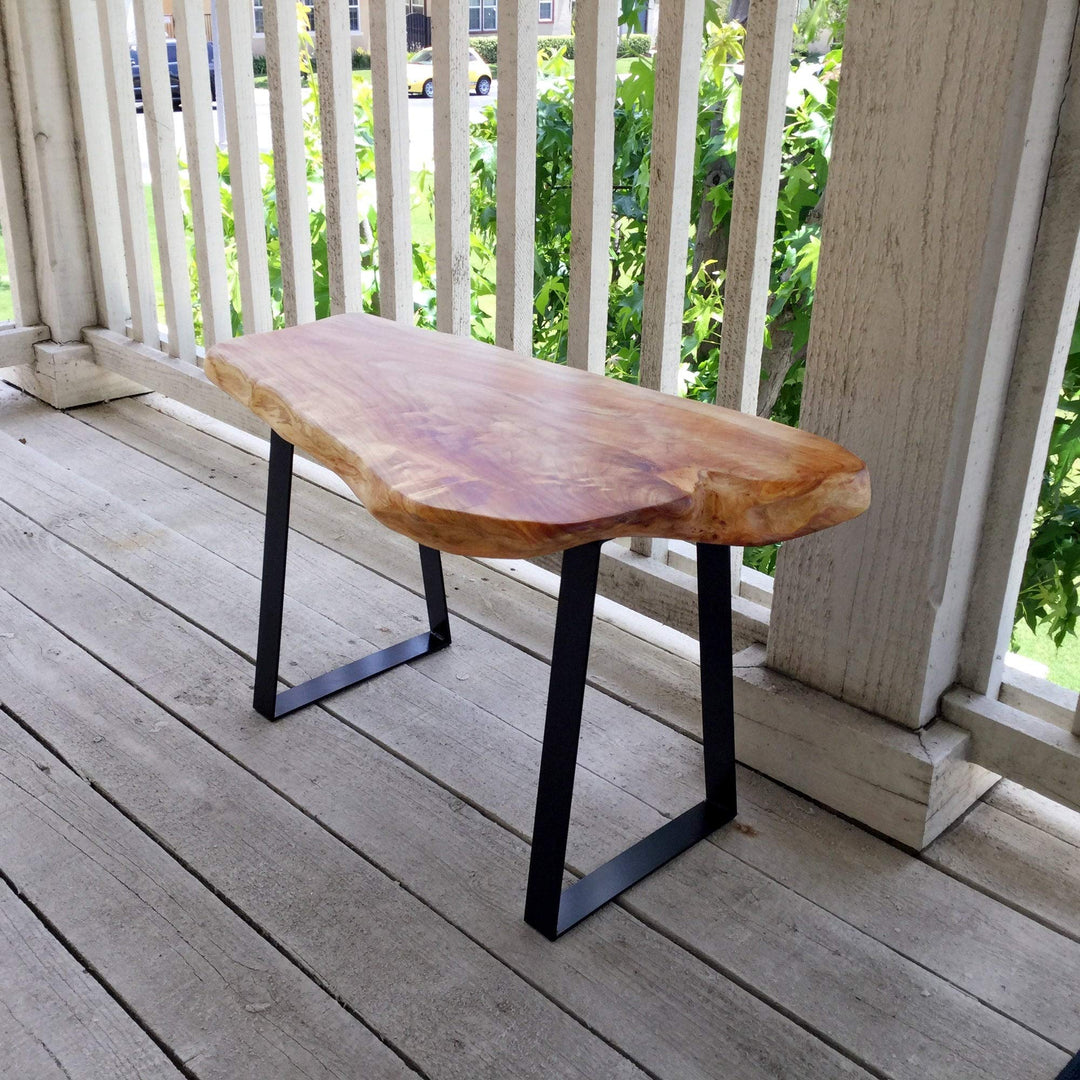 Live Edge Cut Cedar Roots Rustic Stool with Flat Iron Leg Natural Floral Pattern