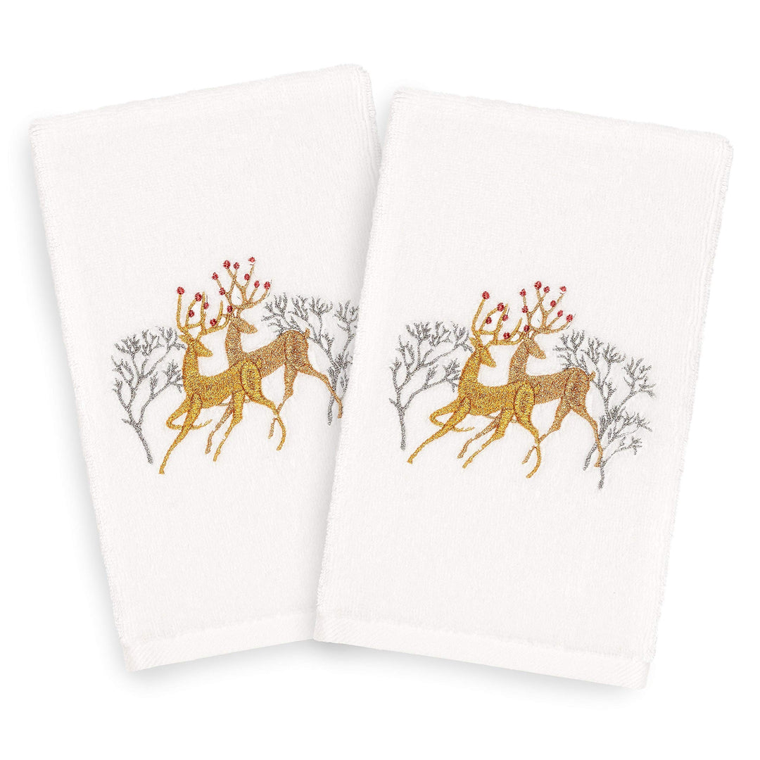 Turkish Cotton Gold Reindeer On White Set of 2 Hand Towels Silver Terry Cloth