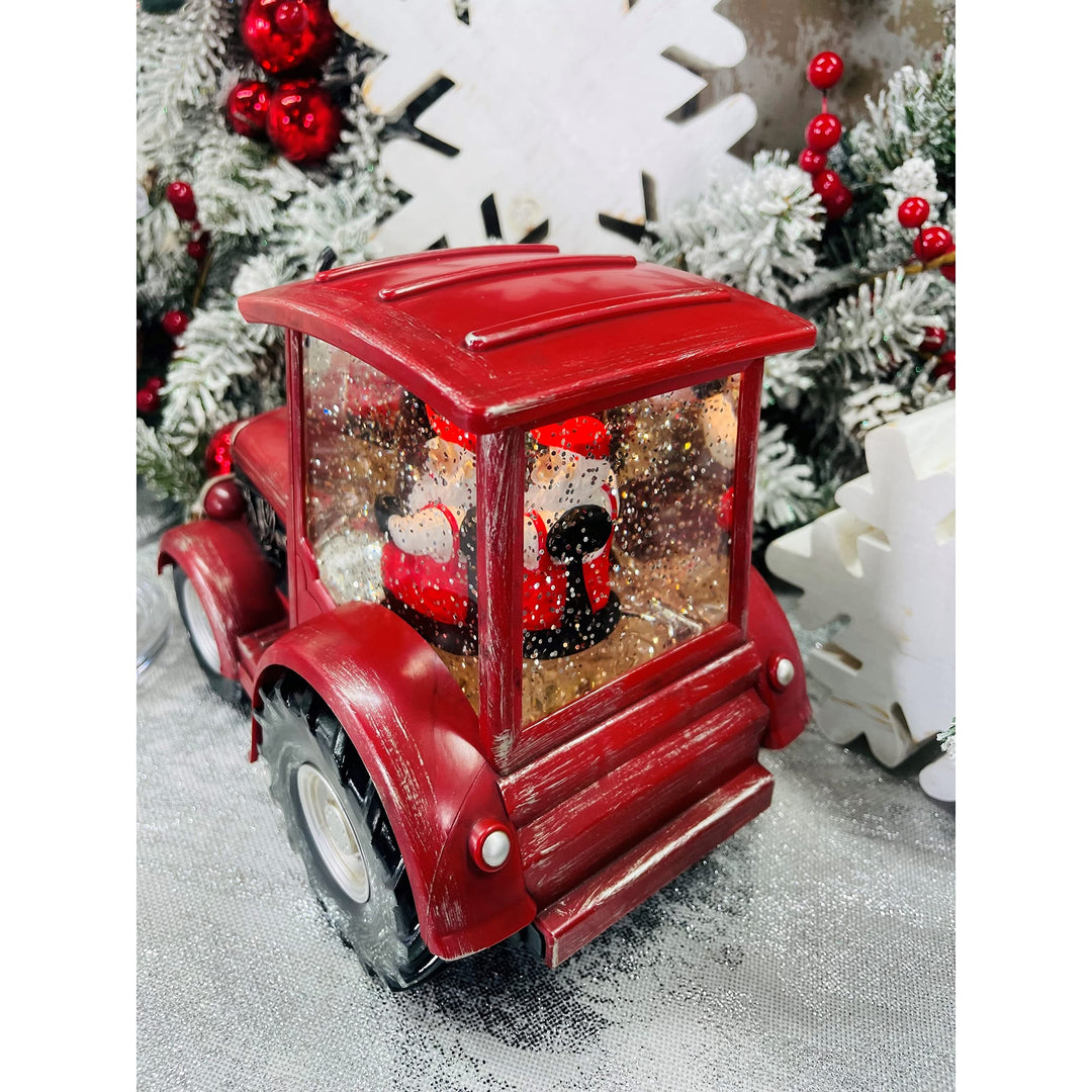 Santa's Red Tractor Lighted Snow Lantern 6.5" 6.5" h X 5.25" 8.75" w Multi Color