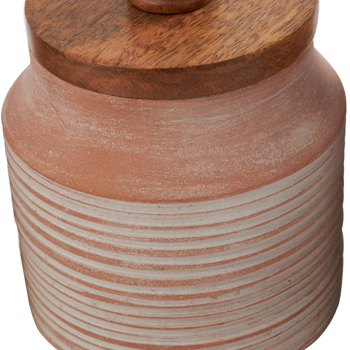 Light Brown Ceramic Decorative Jars With Wood Lids (Set Of 3)