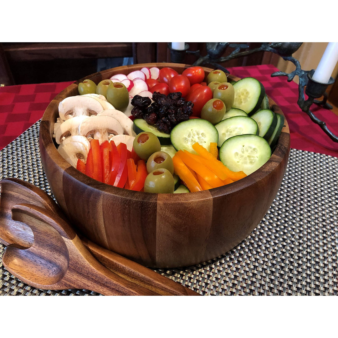 Large Salad Bowl With Servers -10" Bowl 10 X Brown Acacia 3 Piece