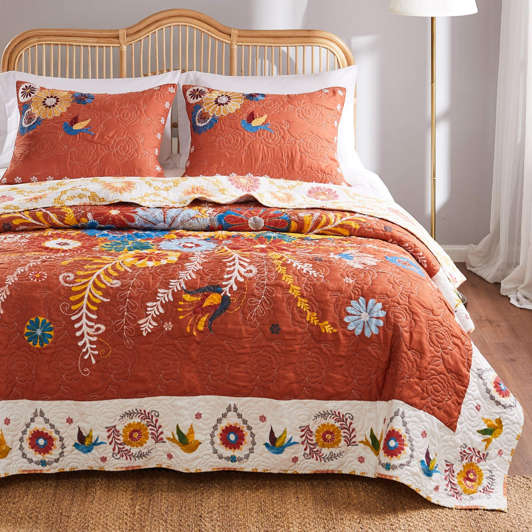 Greenland Home Topanga Orange Bohemian Floral Quilted Bedspread Set