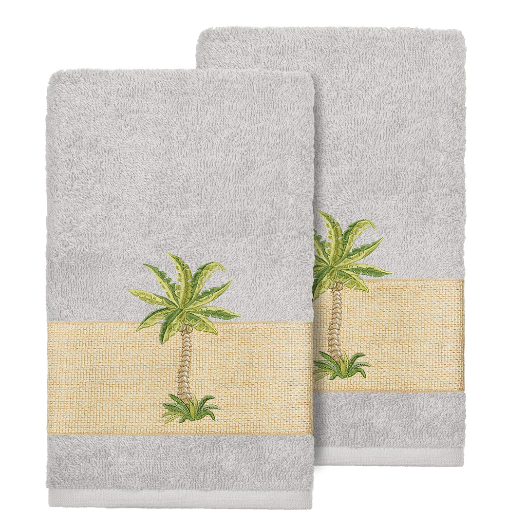 Authentic Hotel and Spa Turkish Cotton Palm Tree Embroidered Grey Hand Towels