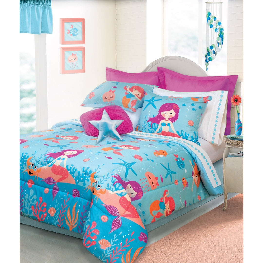 D.I.D. 3 Piece Girls Blue Orange Pink Mermaid Themed Comforter Full Queen Set