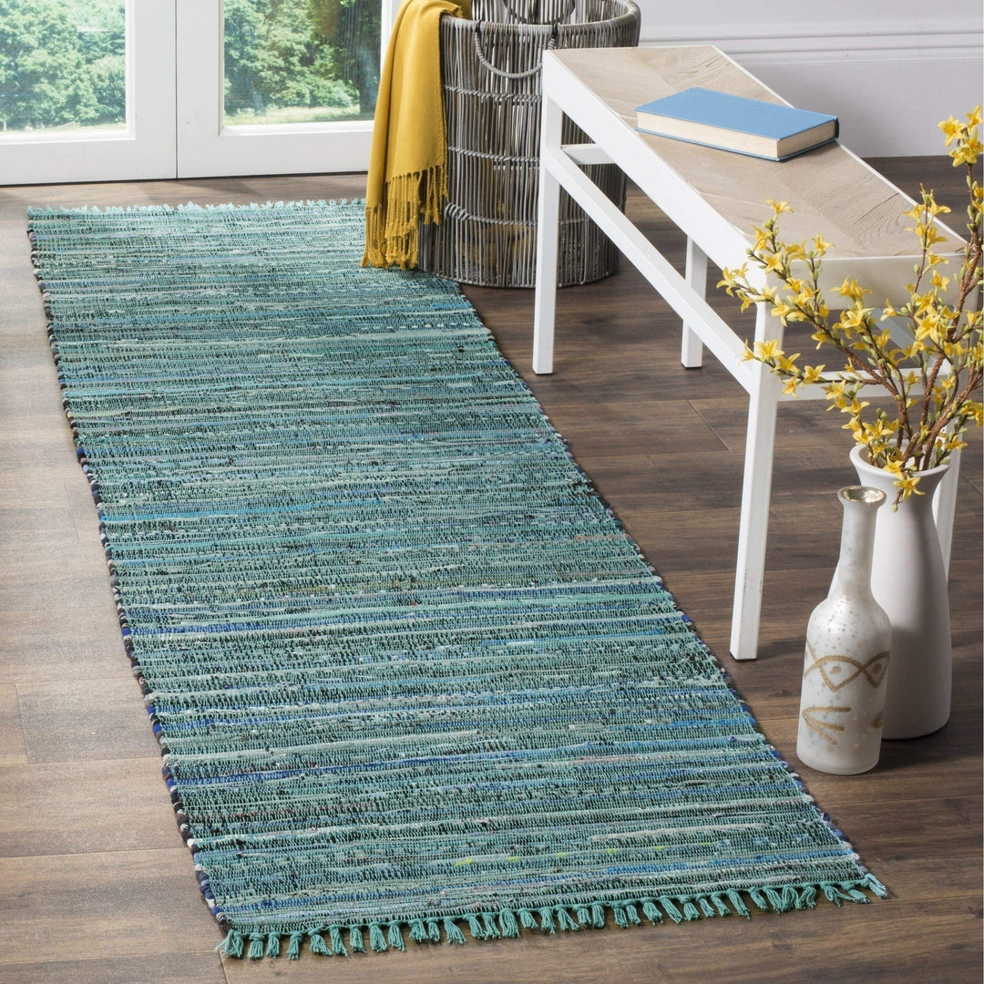 Rag Rug Runner with Tassels Teal Turquoise Rags Weave Floor Mat Hallway 2'3" x 10' Runner - Turquoise/Multi