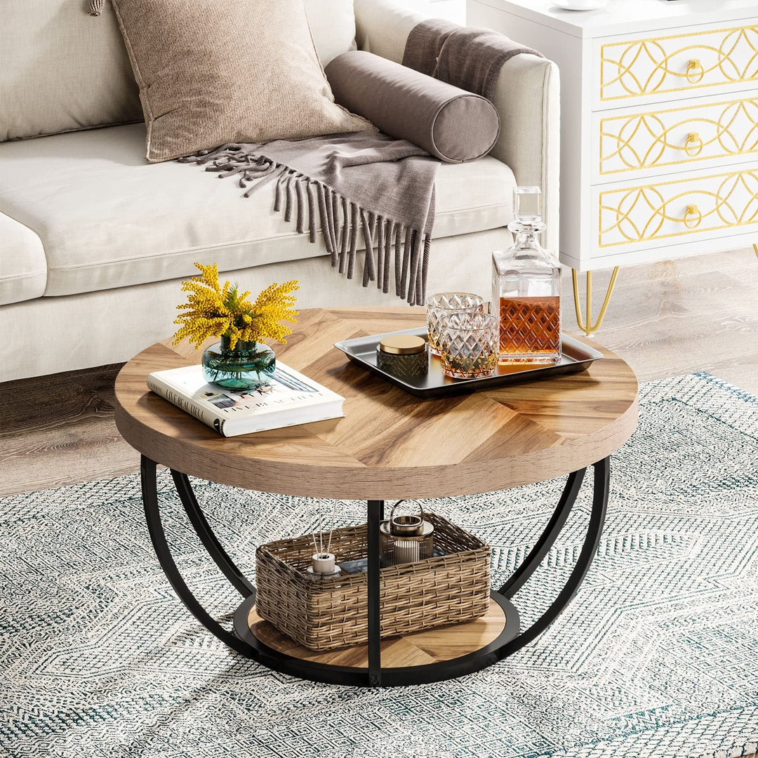 Round Coffee Table Modern 2-Tier Center with Storage Open Shelves Multi Color Oak/Black