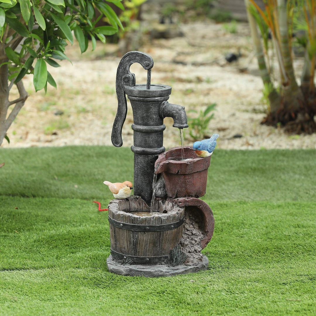 Cement Whiskey Barrels and Water Pump Outdoor Patio Fountain Blue Brown