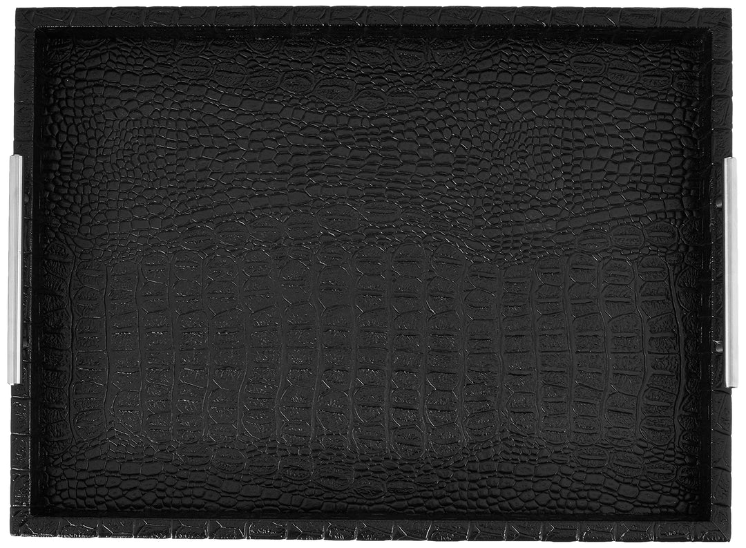 American Atelier Alligator Leather Serving Tray with Metal Handles Black Large - Diamond Home USA