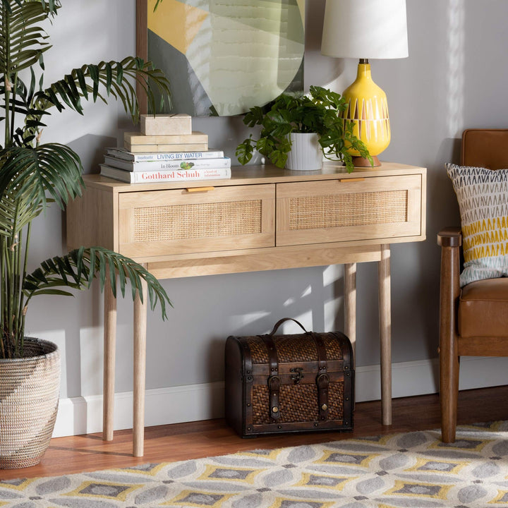 Baird Light Oak Brown Finished Wood and Rattan 2-Drawer Console Table