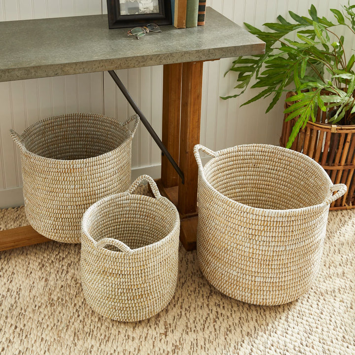 Rd Baskets W/hndles St/3 White Wicker