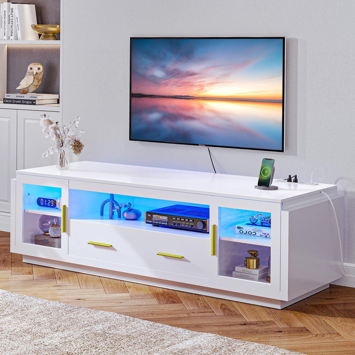 White Led Tv Stand Media nsole Table with Drawer Fits Tvs Up to 75" Modern