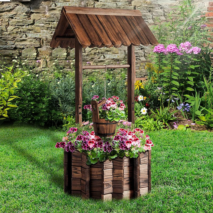 Wooden Fountain Planter with Hanging Buckets Brown Wood