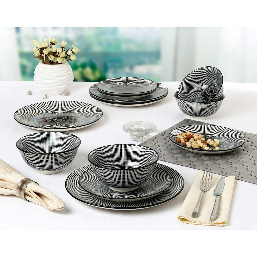 Black and White 12 Piece Pad Printed Dinnerware Set Service for 4 Stripe