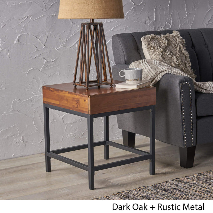 Industrial Square Acacia Wood Storage End Table by Brown Country Farmhouse