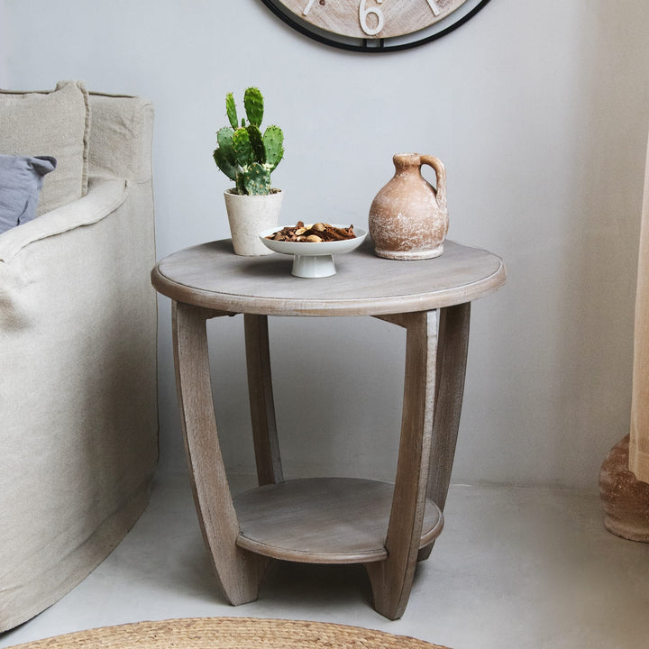 Rustic Farmhouse End Table with Storage Shelf Grey Round Wood Finish