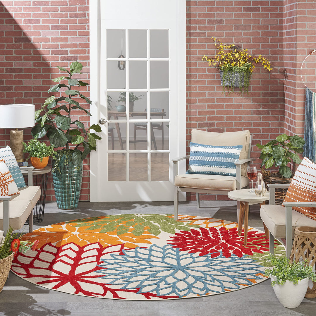 Nourison Aloha Indoor/Outdoor Green 7'10'' x Round Area-Rug Tropical Botanical 7'10" x Round - Red/Multi/Colored