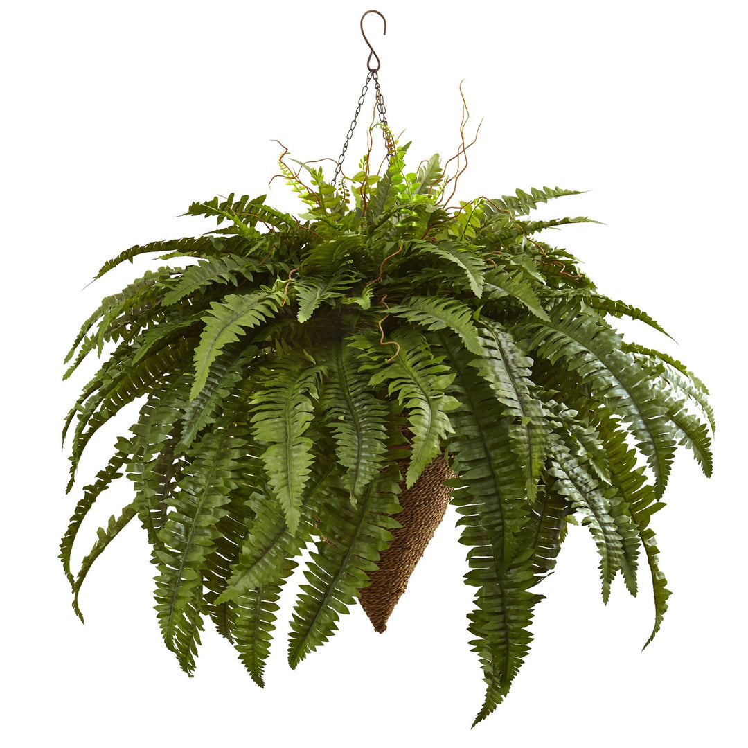 Nearly Natural 26in. Giant Boston Fern with Cone Hanging Basket