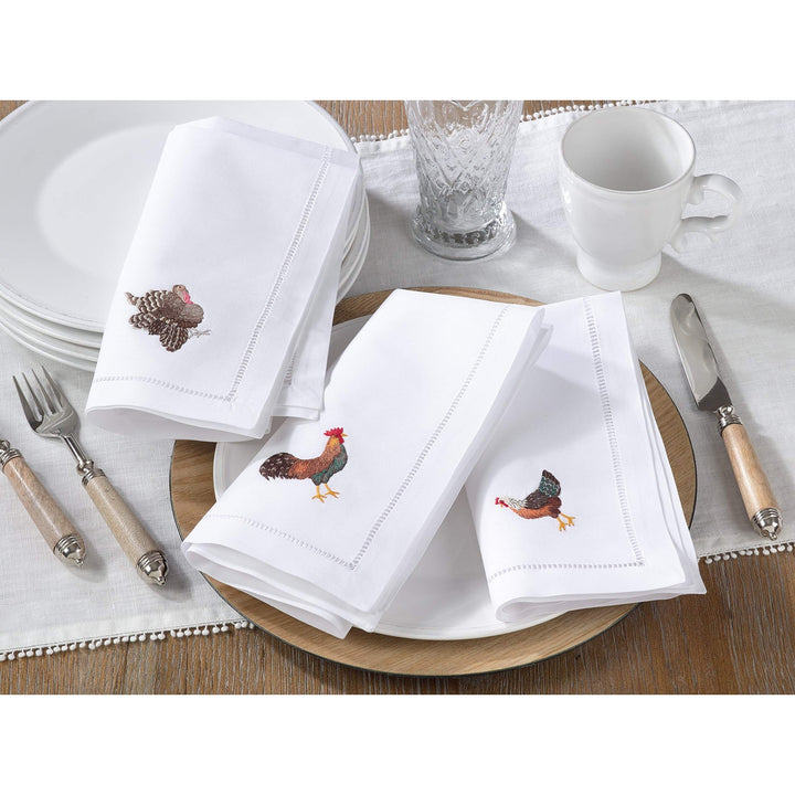 Cotton Table Napkins with Embroidered Turkey Design (Set of 6) White Solid