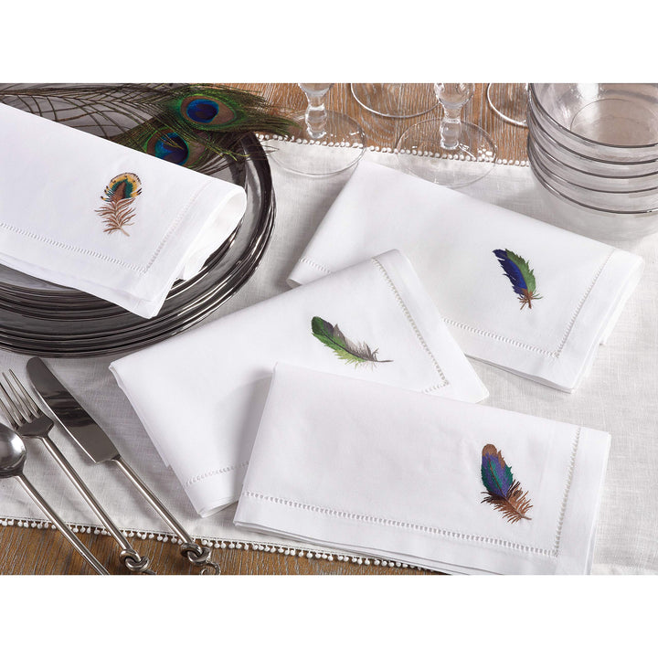 Embroidered Multicolor Feather Hemstitched Cotton Napkin (Set of 6) White