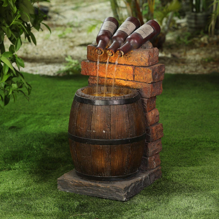 Resin Wine Bottle and Barrel Outdoor Fountain with Led Lights Brown Red Rustic