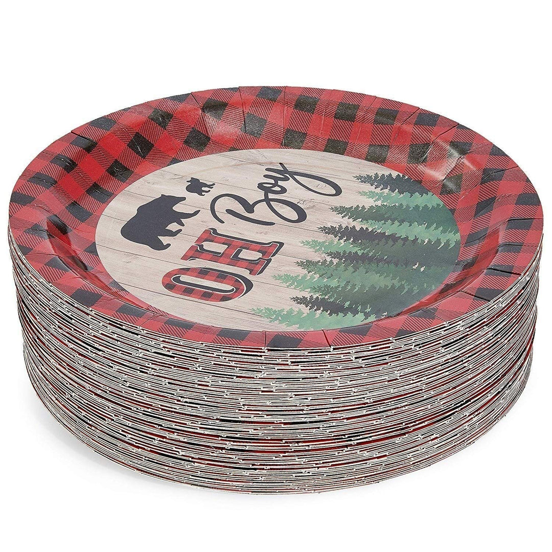 80-Pack Oh Boy Lumberjack Plaid Disposable Paper Plates 9" for Baby Shower Party - Diamond Home USA