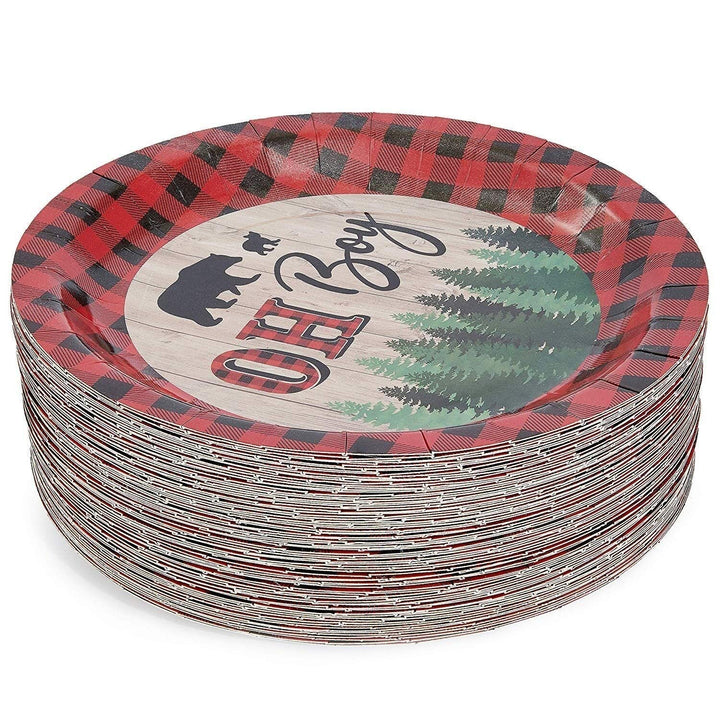 80-Pack Oh Boy Lumberjack Plaid Disposable Paper Plates 9" for Baby Shower Party - Diamond Home USA