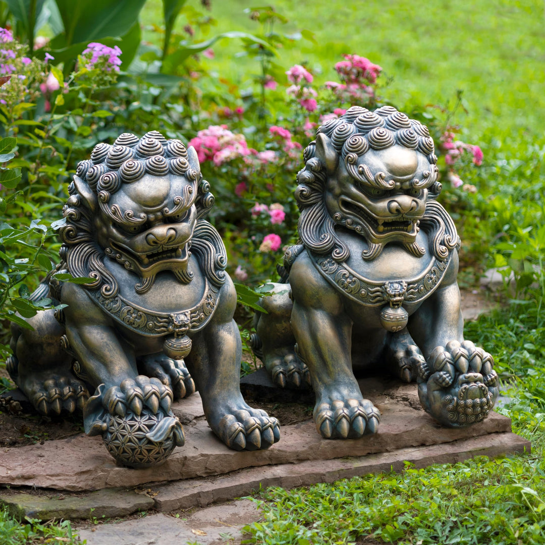 24.5" Tall Set of 2 Chinese Lions Guardian Statues Brown Oriental Magnesium